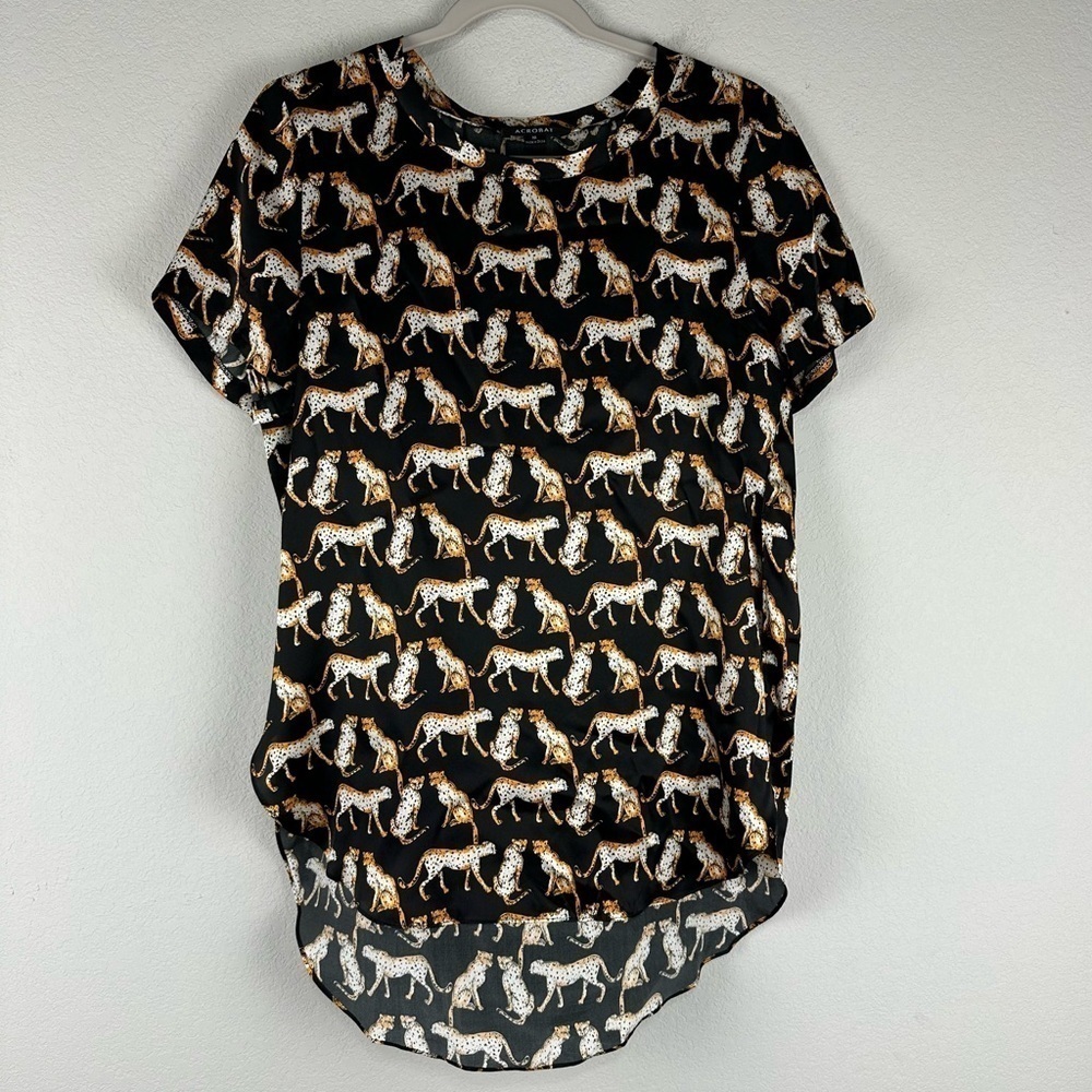 Acrobat Black Leopard Animal Print Short Sleeve High Low 100% Silk Top Medium